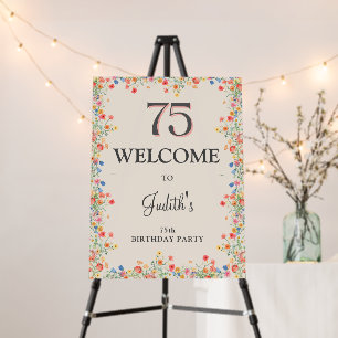 Floral 75th Birthday Elegant Party Welcome Sign