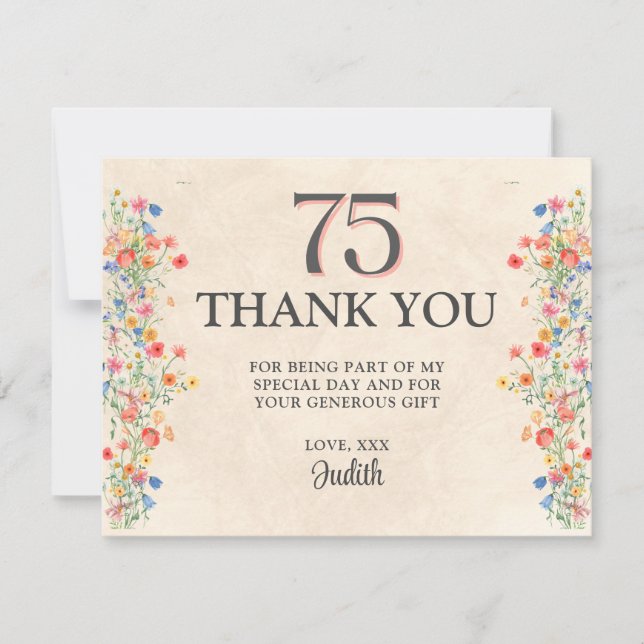 Floral 75th Birthday – Elegant Wildflower 75 years Thank You Card (Front)