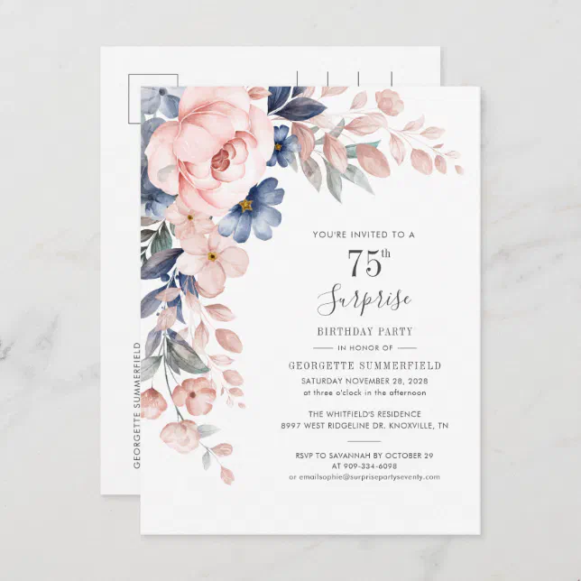 Floral 75th Surprise Birthday Party Botanical Invitation Postcard | Zazzle