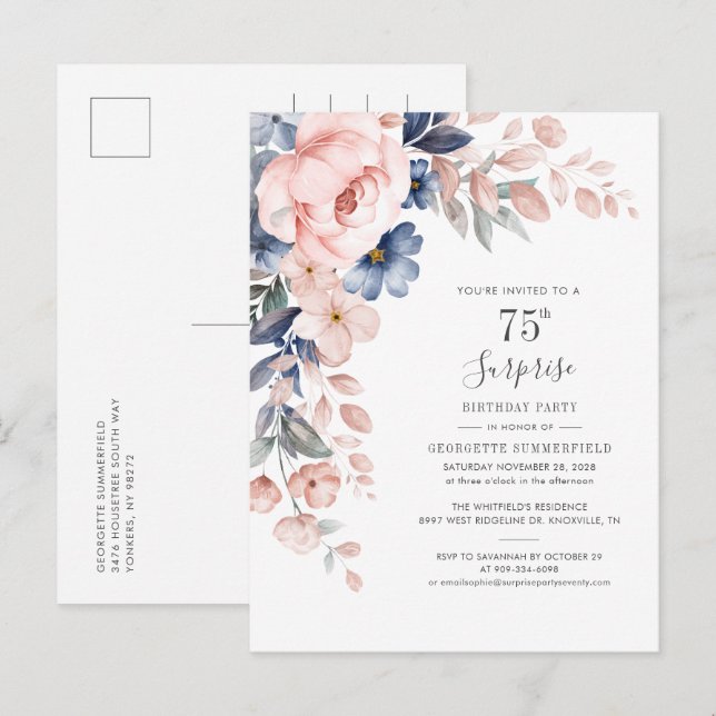 Floral 75th Surprise Birthday Party Botanical Invitation Postcard (Front/Back)