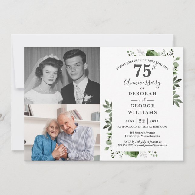Floral 75th Wedding Anniversary Then & Now 2 Photo Invitation (Front)
