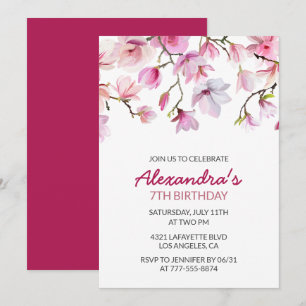 Floral 7th birthday invitation Watercolor Pink