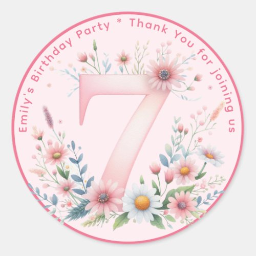 Floral 7th Birthday Thank You Favor Seven Custom Classic Round Sticker