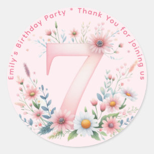Floral 7th Birthday Thank You Favor Seven Custom Classic Round Sticker