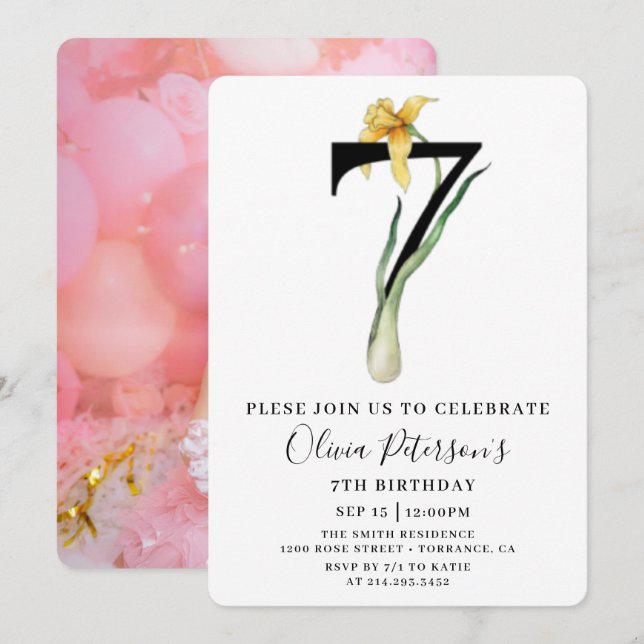 Floral 7th Birthday With Custom Photo Invitation  (Front/Back)