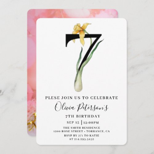 Floral 7th Birthday With Custom Photo Invitation 