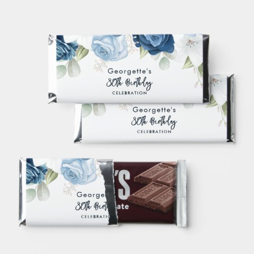 Floral 80th Birthday Dusty Blue Script Party Hershey Bar Favors