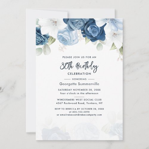 Floral 80th Birthday Dusty Blue Script Party Invitation