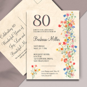 Floral 80th Birthday Elegant Party Invitation Postcard