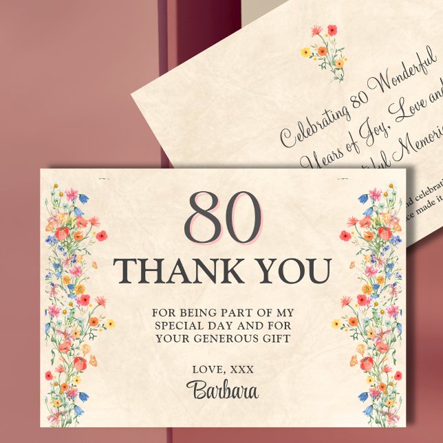Floral 80th Birthday Elegant Thanks Thank You Card (Creator Uploaded)