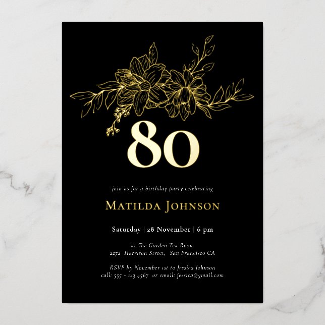 Floral 80th Birthday Gold Foil Invitation (Front)