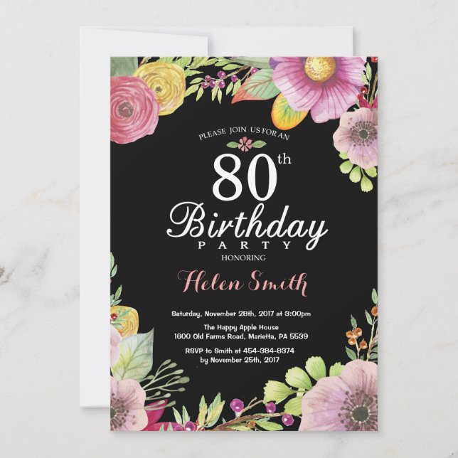 Floral 80th Birthday Invitation for Women (Front)