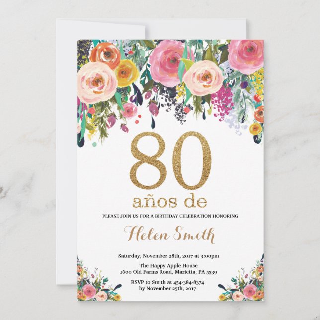 Floral 80th Birthday Invitation Gold Glitter (Front)