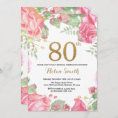 Floral 80th Birthday Invitation Gold Glitter (Front/Back)