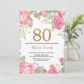 Floral 80th Birthday Invitation Gold Glitter (Standing Front)
