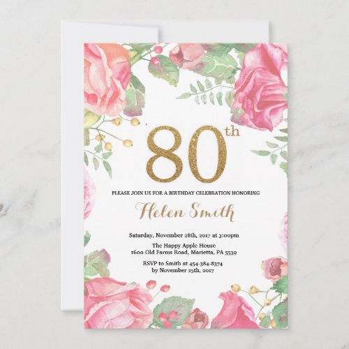 Floral 80th Birthday Invitation Gold Glitter
