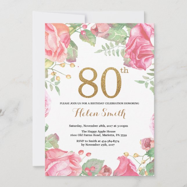 Floral 80th Birthday Invitation Gold Glitter (Front)
