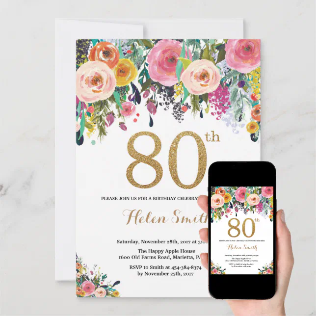 Floral 80th Birthday Invitation Gold Glitter | Zazzle