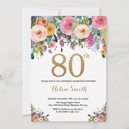 Floral 80th Birthday Invitation Gold Glitter