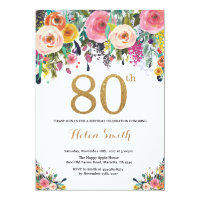 Floral 80th Birthday Invitation Gold Glitter