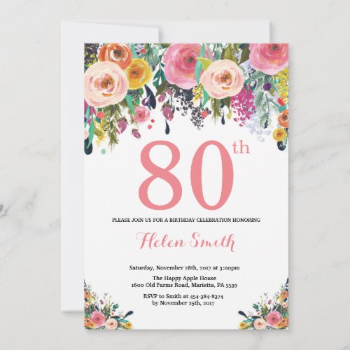 Floral 80th Birthday Invitation Pink