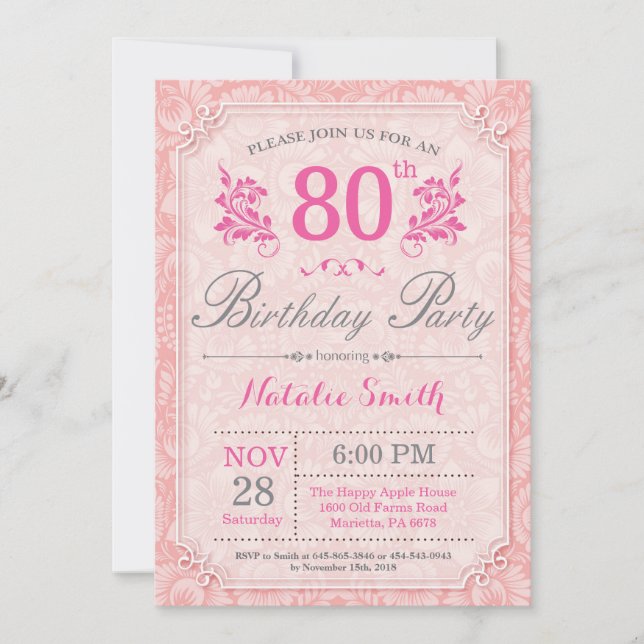 Floral 80th Birthday Invitation Pink for Women (Front)