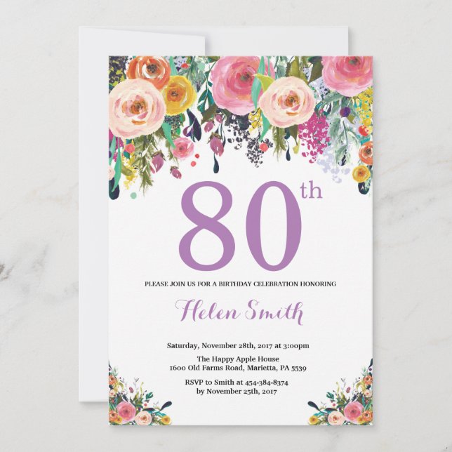 Floral 80th Birthday Invitation Purple (Front)
