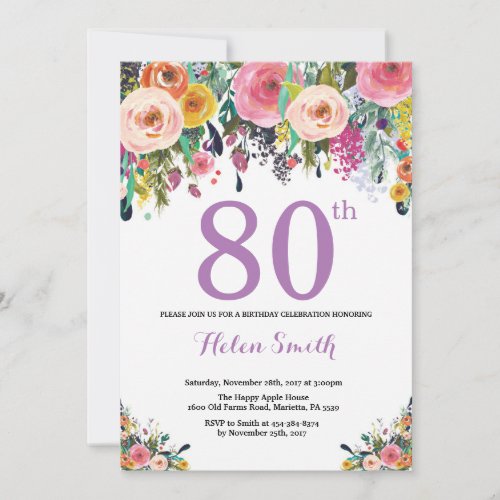 Floral 80th Birthday Invitation Purple