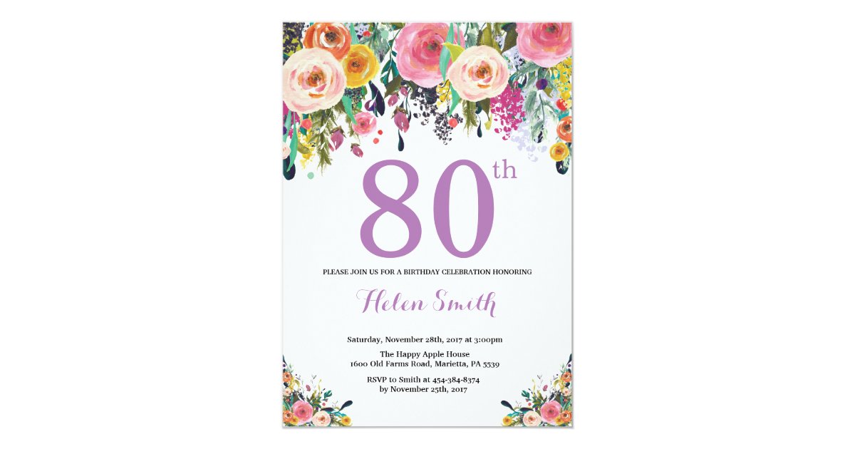 Floral 80th Birthday Invitation Purple