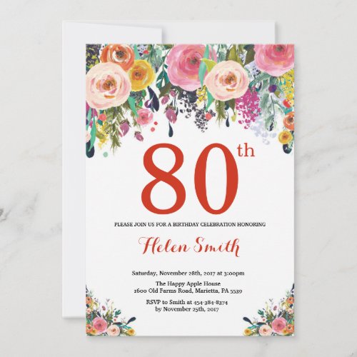 Floral 80th Birthday Invitation Red