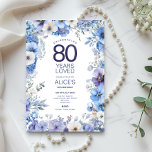 Floral 80th Birthday Invite, Blue & Purple Flowers Invitation<br><div class="desc">Celebrate a beautiful life with this elegant floral 80th editable birthday invitation, designed in soft shades of blue, lavender, and periwinkle. Delicate watercolor flowers frame the text, creating a timeless and graceful look — perfect for honoring a beloved mother, grandmother, or friend. The wording features the heartfelt phrase “80 Years...</div>