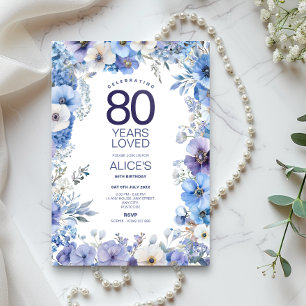 Floral 80th Birthday Invite, Blue & Purple Flowers Invitation