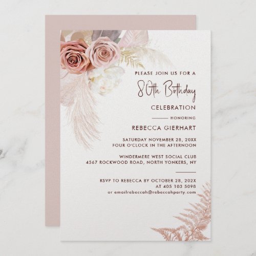 Floral 80th Birthday Pampas Grass Party Invitation