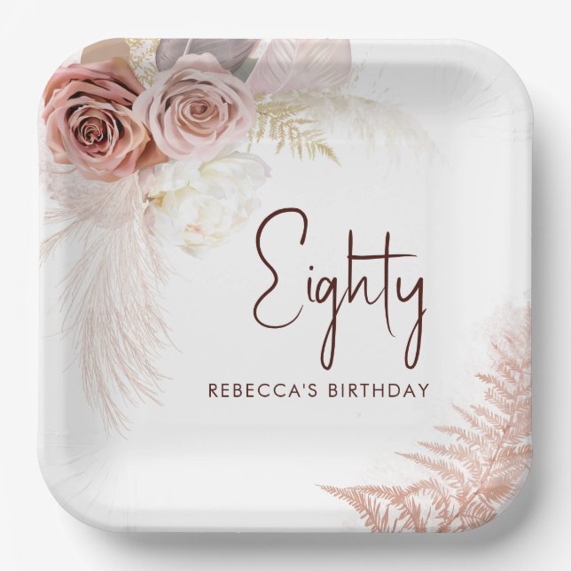 Floral 80th Birthday Pampas Grass Party Paper Plates (Front)