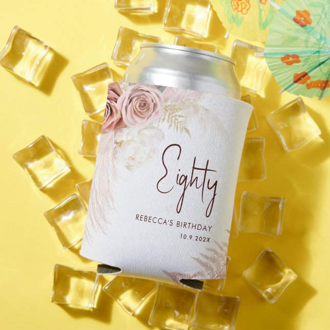 Floral 80th Birthday Pampas Grass Personalized Can Cooler (In Situ Summer)