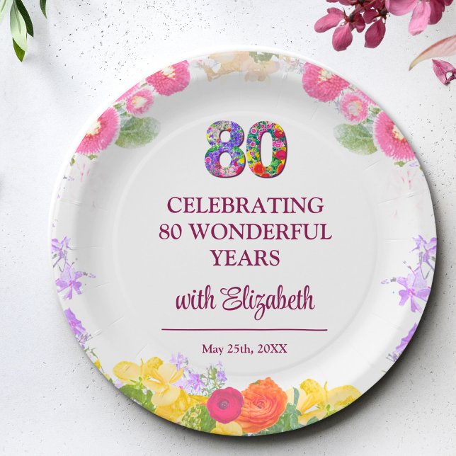 Floral 80th birthday party 80 years flower pattern paper plates (Creator Uploaded)
