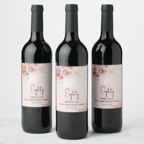 Floral 80th Birthday Party Pampas Grass Wine Label
