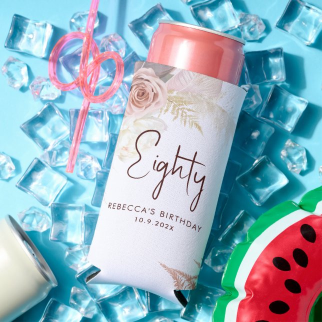 Floral 80th Birthday Party Personalized Seltzer Can Cooler (In Situ Summer)