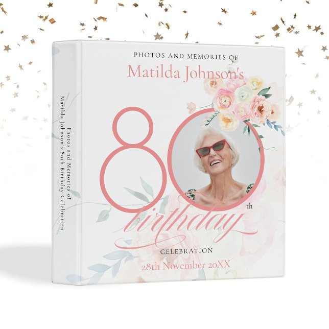 Floral 80th Birthday Party Pink Roses Custom Photo 3 Ring Binder (Floral 80th Birthday Party Pink Roses Custom Photo 3 Ring Binder)