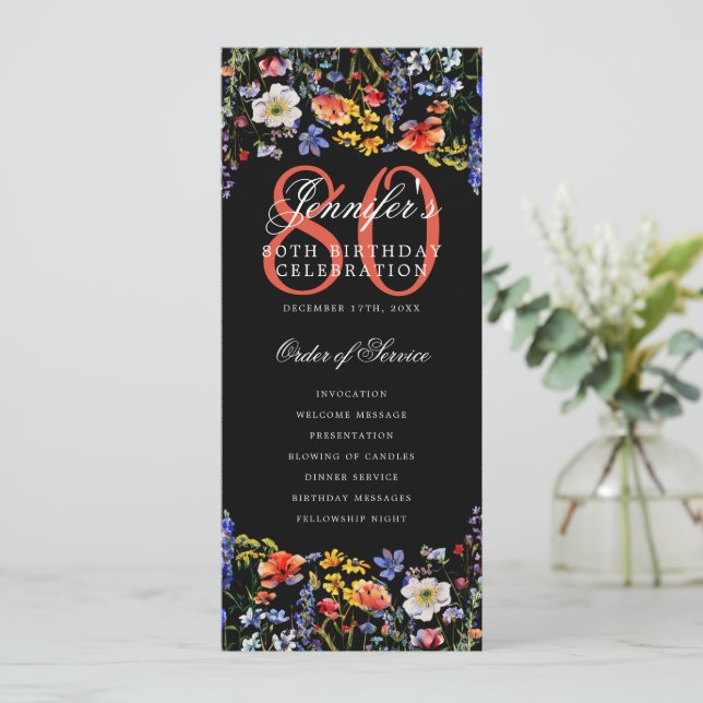 Floral 80th Birthday Party Program Menu Black (Standing Front)