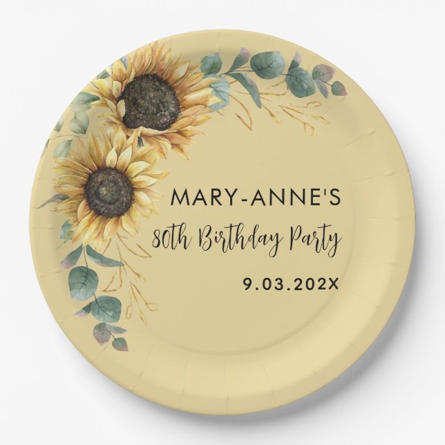 Floral 80th Birthday Party Sunflower Paper Plates (Front)
