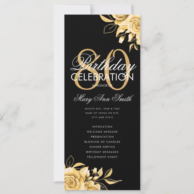 Floral 80th Birthday Program Gold & Black w/ Menu (Front)