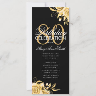Floral 80th Birthday Program Gold & Black w/ Menu