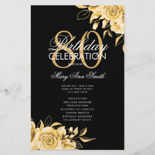 Floral 80th Birthday Program Gold & Black w/ Menu Flyer