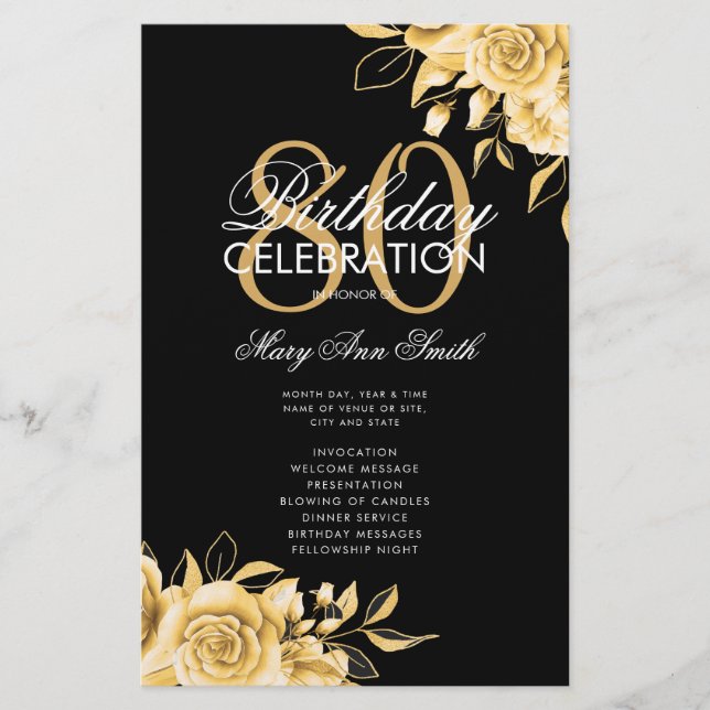 Floral 80th Birthday Program Gold & Black w/ Menu Flyer (Front)
