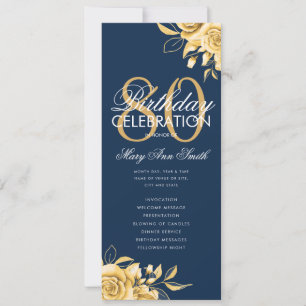 Floral 80th Birthday Program Gold & Navy w/ Menu