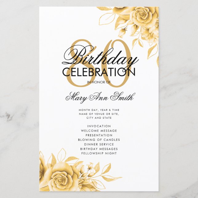 Floral 80th Birthday Program Gold w/ Menu (Front)