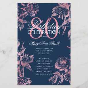 Floral 80th Birthday Program Rose Gold Navy Menu