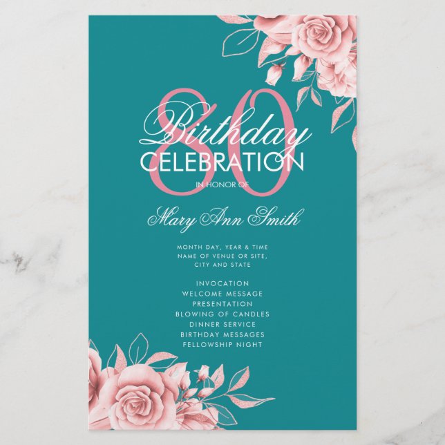 Floral 80th Birthday Program Rose Gold Teal Menu Flyer (Front)