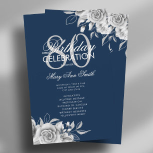 Floral 80th Birthday Program Silver Navy w/ Menu